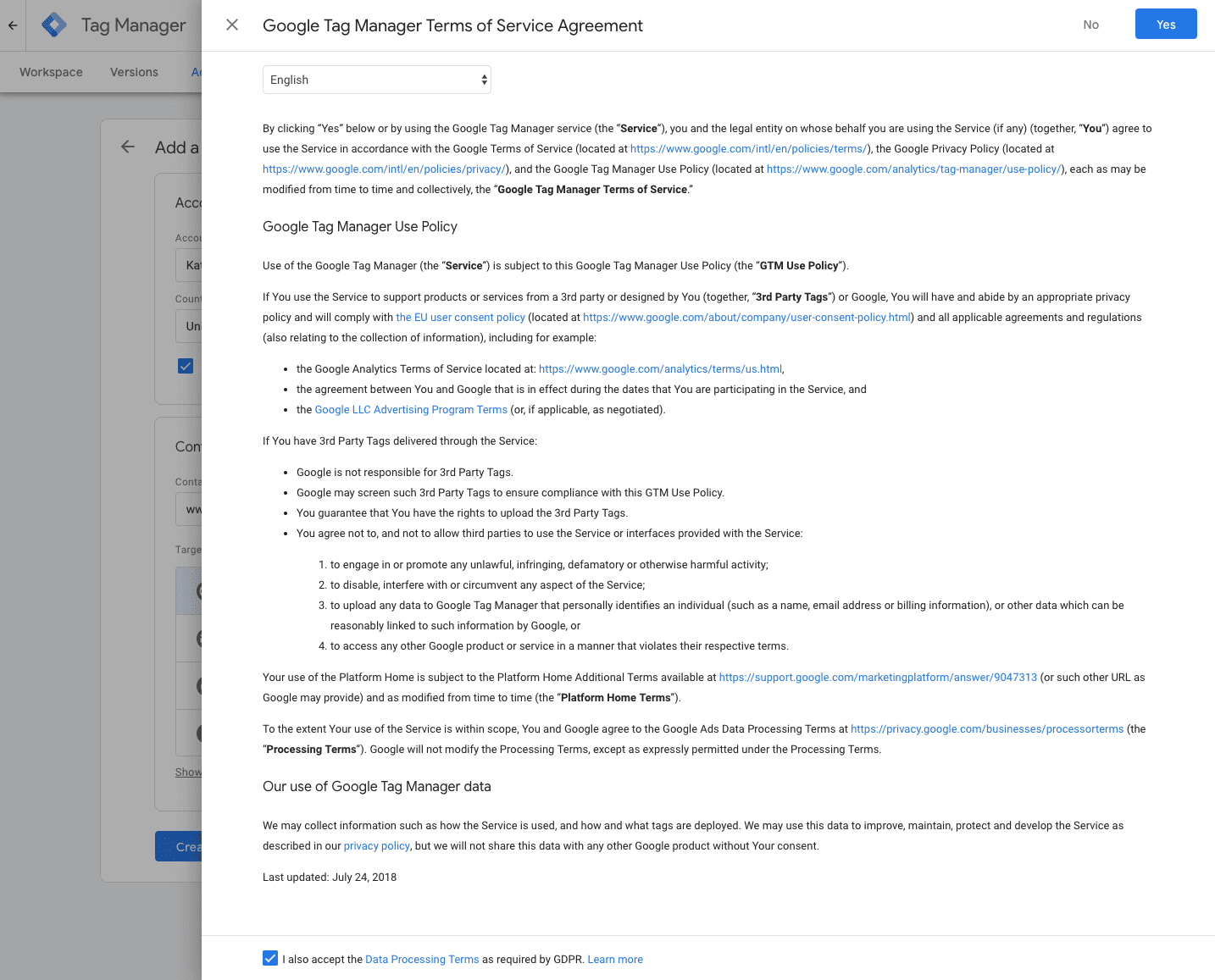Accept Terms of Service Google Tag Manager