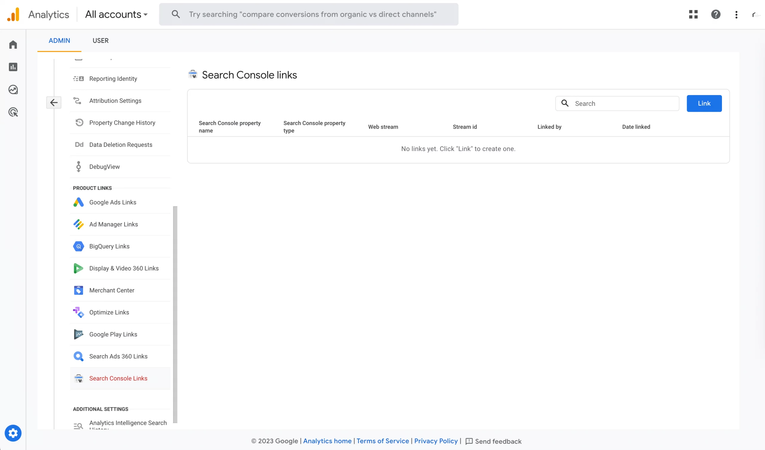 Connect Google Analytics To Search Console Admin Screen