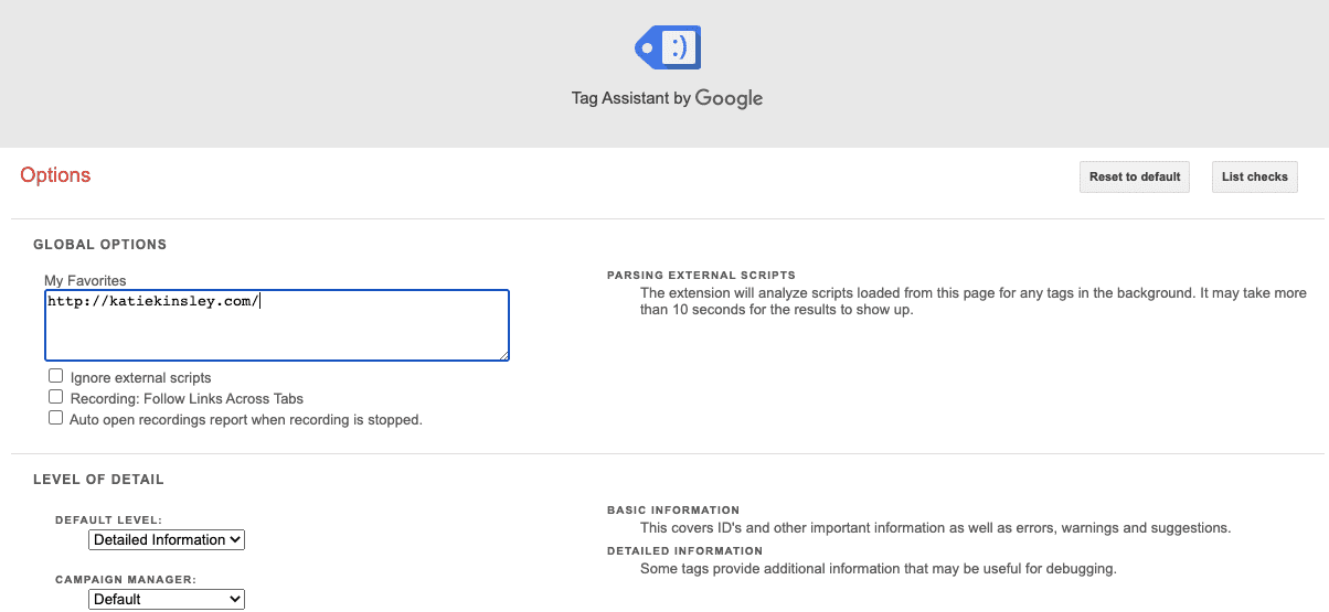 Google Tag Assistant Favorites