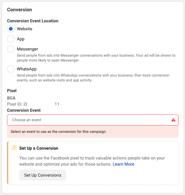 Conversion Objective Options on Ad Set